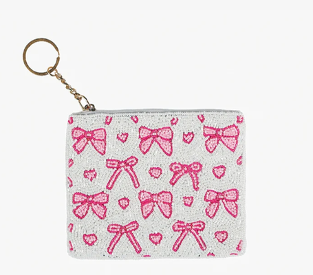 Ricki beaded coin bag with glass and acrylic beads secure zip closure and gold tone key ring compact design perfect for everyday