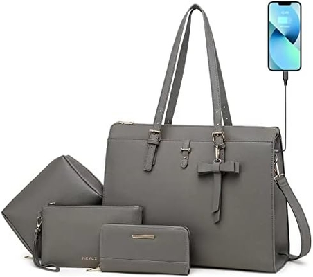KEYLI 4PC SETS LAPTOP BAG FOR WOMEN Крупный кожаный ноутбук коробка с USB-портом для зарядки компьютер плечевая сумка