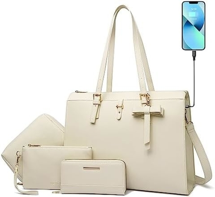 KEYLI 4PC SETS LAPTOP BAG FOR WOMEN Крупный кожаный ноутбук коробка с USB-портом для зарядки компьютер плечевая сумка