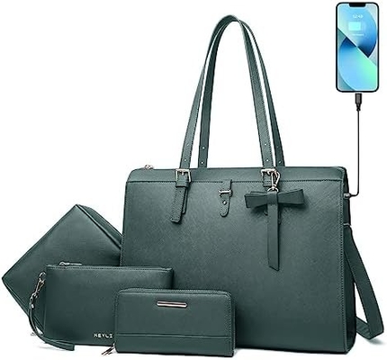 KEYLI 4PC SETS LAPTOP BAG FOR WOMEN Крупный кожаный ноутбук коробка с USB-портом для зарядки компьютер плечевая сумка
