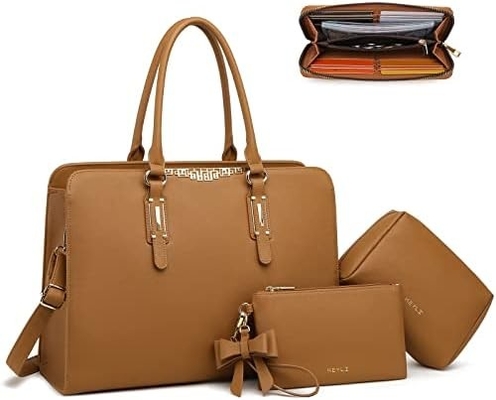 KEYLI 4PC SETS LAPTOP BAG FOR WOMEN Крупный кожаный ноутбук коробка с USB-портом для зарядки компьютер плечевая сумка