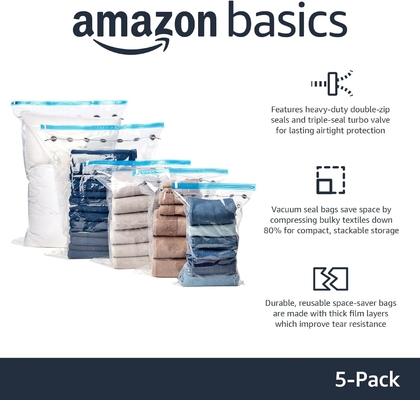 Amazon Basics Вакуумный компрессионный рюкзак для хранения с ручным насосом, средний, 5-пакетный, белый, небесно-синий