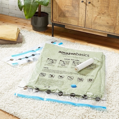 Amazon Basics Вакуумный компрессионный рюкзак для хранения с ручным насосом, средний, 5-пакетный, белый, небесно-синий