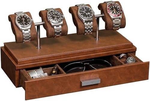 ROTHWELL Luxury Watch Display Case for 4 Watches Кожаная коробка для часов с акриловым покрытием и съемным слайдом в подушках