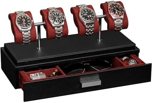 ROTHWELL Luxury Watch Display Case for 4 Watches Кожаная коробка для часов с акриловым покрытием и съемным слайдом в подушках