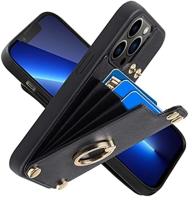 Карточники с iPhone 13 Pro Max, 360° вращающийся кольцевой держатель, кожаный картонный корпус, RFID-упорная крышка,