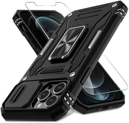 iPhone 12 Pro Max с крышкой слайдной камеры+защитным устройством для экрана ((1 упаковка), вращающимся кольцом Kickstand военного класса Shockproof
