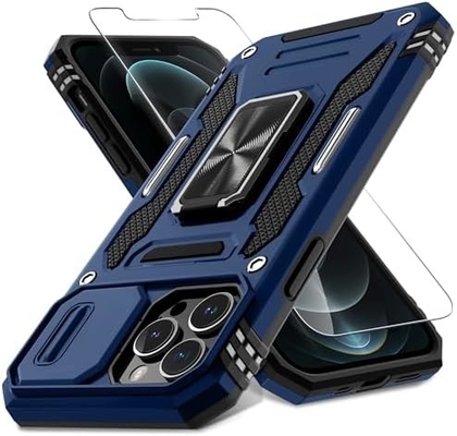 iPhone 12 Pro Max с крышкой слайдной камеры+защитным устройством для экрана ((1 упаковка), вращающимся кольцом Kickstand военного класса Shockproof