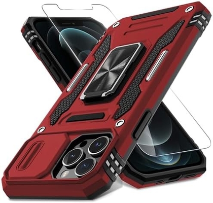 iPhone 12 Pro Max с крышкой слайдной камеры+защитным устройством для экрана ((1 упаковка), вращающимся кольцом Kickstand военного класса Shockproof