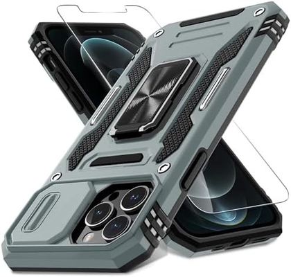 iPhone 12 Pro Max с крышкой слайдной камеры+защитным устройством для экрана ((1 упаковка), вращающимся кольцом Kickstand военного класса Shockproof