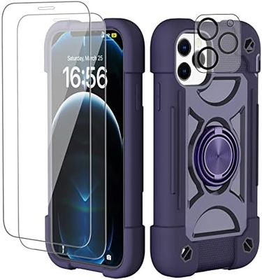 iPhone 12 Pro Max Case 6.7&quot; - тяжеломощный устойчивый к ударам, стойка кольца, стеклянный экран и защитник объектива камеры (Радужная розовая)