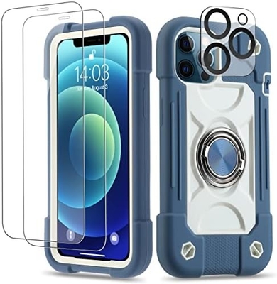iPhone 12 Pro Max Case 6.7&quot; - тяжеломощный устойчивый к ударам, стойка кольца, стеклянный экран и защитник объектива камеры (Радужная розовая)