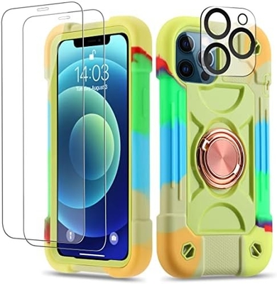 iPhone 12 Pro Max Case 6.7&quot; - тяжеломощный устойчивый к ударам, стойка кольца, стеклянный экран и защитник объектива камеры (Радужная розовая)