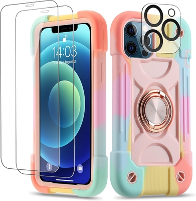 iPhone 12 Pro Max Case 6.7&quot; - тяжеломощный устойчивый к ударам, стойка кольца, стеклянный экран и защитник объектива камеры (Радужная розовая)