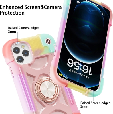 iPhone 12 Pro Max Case 6.7&quot; - тяжеломощный устойчивый к ударам, стойка кольца, стеклянный экран и защитник объектива камеры (Радужная розовая)