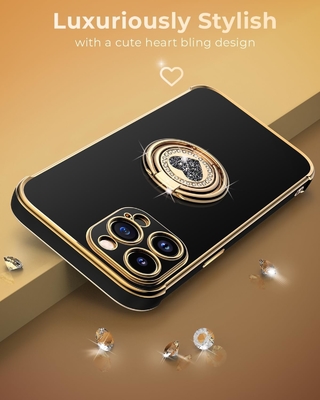 iPhone 12 Pro Max Чехло со стойкой, Чехло для телефона с двойным кольцом, Женщины Девушки Bling роскошный защитный чехл с слухом