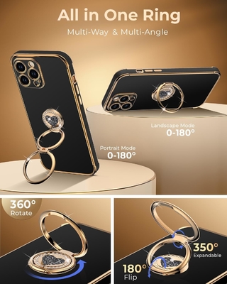 iPhone 12 Pro Max Чехло со стойкой, Чехло для телефона с двойным кольцом, Женщины Девушки Bling роскошный защитный чехл с слухом