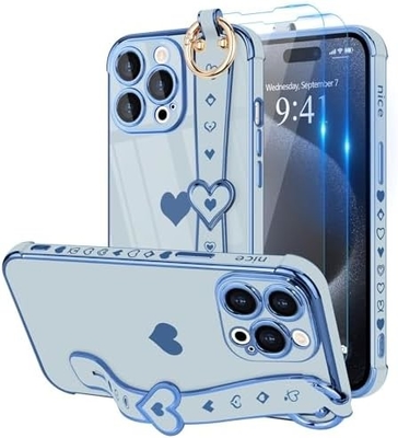 iPhone 12 Pro Cute Love-Heart Plating Strap Phone Cover for Women Girls Bling Силиконовый фотоаппарат защитный бампер