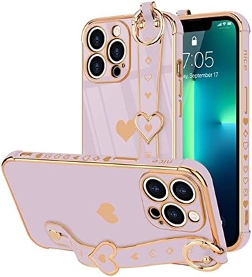 iPhone 12 Pro Cute Love-Heart Plating Strap Phone Cover for Women Girls Bling Силиконовый фотоаппарат защитный бампер