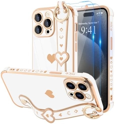 iPhone 12 Pro Cute Love-Heart Plating Strap Phone Cover for Women Girls Bling Силиконовый фотоаппарат защитный бампер