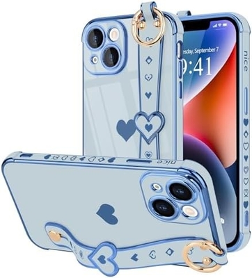 iPhone 12 Pro Cute Love-Heart Plating Strap Phone Cover for Women Girls Bling Силиконовый фотоаппарат защитный бампер