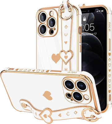iPhone 12 Pro Cute Love-Heart Plating Strap Phone Cover for Women Girls Bling Силиконовый фотоаппарат защитный бампер