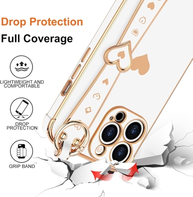 iPhone 12 Pro Cute Love-Heart Plating Strap Phone Cover for Women Girls Bling Силиконовый фотоаппарат защитный бампер