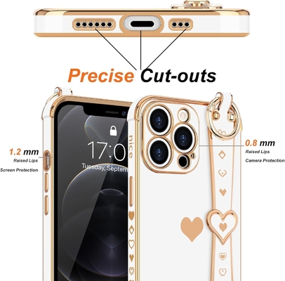 iPhone 12 Pro Cute Love-Heart Plating Strap Phone Cover for Women Girls Bling Силиконовый фотоаппарат защитный бампер