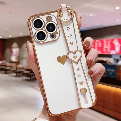 iPhone 12 Pro Cute Love-Heart Plating Strap Phone Cover for Women Girls Bling Силиконовый фотоаппарат защитный бампер