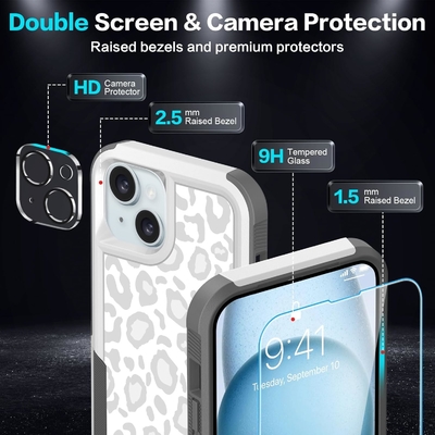 [5 в 1 для iphone 15 Plus Case, с 2 пакетом защитника экрана + 2 пакетом защитника объектива камеры, тяжело-должность прочный прочный