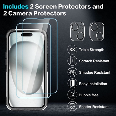 [5 в 1 для iphone 15 Plus Case, с 2 пакетом защитника экрана + 2 пакетом защитника объектива камеры, тяжело-должность прочный прочный
