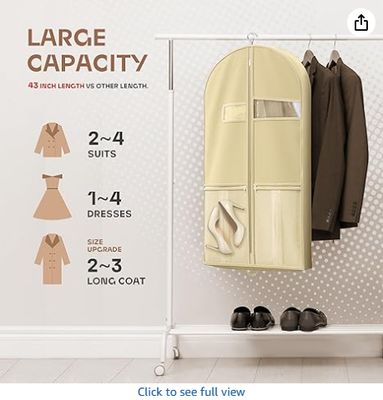 43" Travel Garment Bag with Accessories Zipper Pocket, Heavy Duty Suit Bag for Suits, Tuxedos, Dresses, Coats, Beige, 1 pack