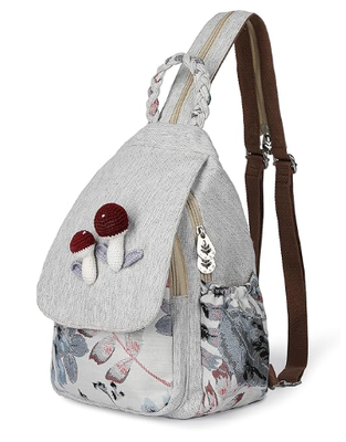 Lady's Convertible Sling Bag, Hand Craft Artisan Purse, Beautiful Canvas Premium Casual Day Mini Backpack for Women (Two Grapes)