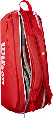 Wilson Super Tour Red Tennis Racket Backpack designed to hold up to 6 rackets with thermoguard lining and dual carrying system for comfortable transport